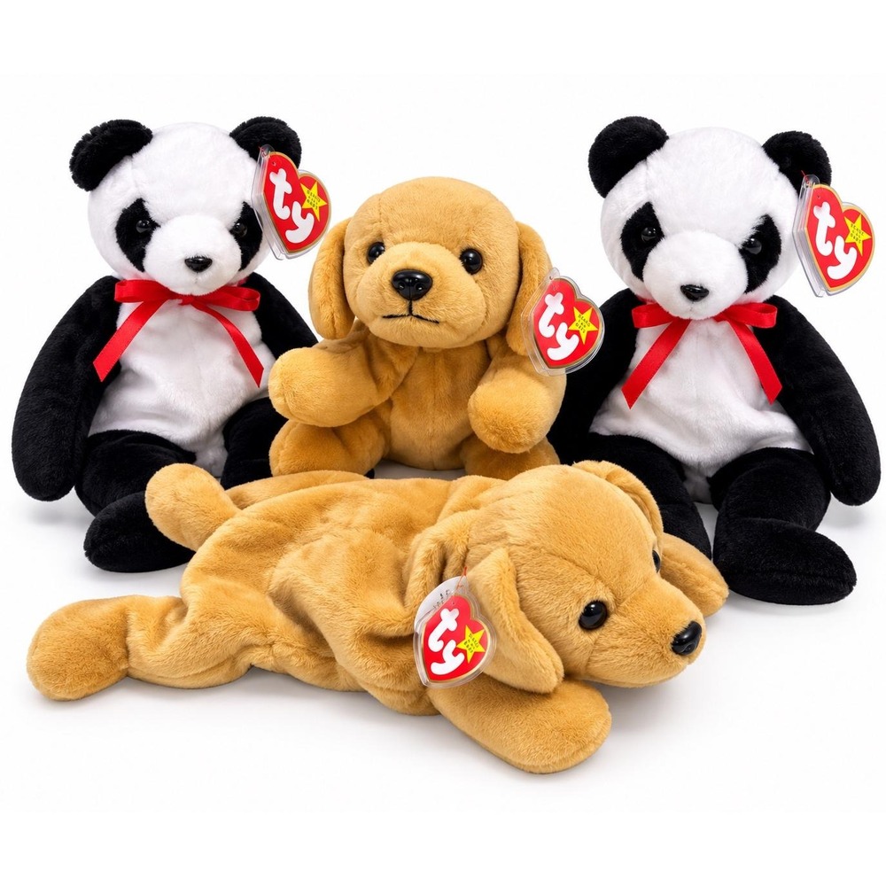 Ty Beanie Babies Lot 4 Fortune Panda & Fetch Golden Retriever Vintage 1997 1998